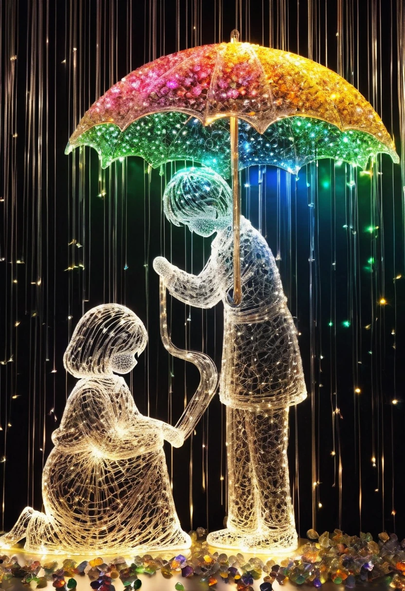 Crystal lighting effect Lights made of small colored stones combined with human shaped beam layer wire saw , firework、A tender and gentle scene，It is skillfully shaped with thin rays of light...The background is a shiny black wall