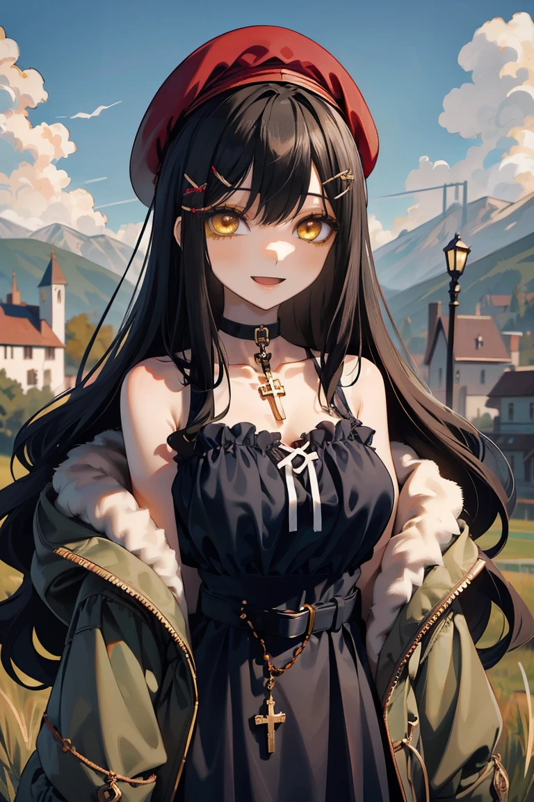 (masterpiece:1.2), (high quality:1.2), girls with((1girl, solo, black hair, yellow eyes, smiling, (wavy long hair, wearing a red beret, hairclips:1.45), bare shoulder, off shoulder, blush, breasts, choker, cleavage, coat, cowboy shot, navy lace dress, camisole, ribbon waist belt, black ribbon belt, collar, collarbone, rosary, rosary choker, cross, fur, fur trim, parka, khaki hoodie, green hoodie, khaki jacket, hood down, hooded coat, hooded jacket, hoodie, jacket, large breasts, long sleeves, medium breasts, open clothes, open coat,open hoodie, sleeveless, winter clothes, zipper, cleavage, upper body, hand up, waving, palm)), background with((architecture, blue sky, bush, castle, village, no humans, cloud, cloudy sky, day, field, garden, grass, hill, house, lamppost, landscape, mountain, mountainous horizon, nature, no humans, outdoors, scenery, shrine, sky))