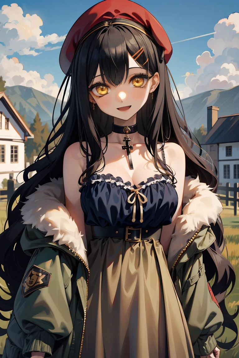 (masterpiece:1.2), (high quality:1.2), girls with((1girl, solo, black hair, yellow eyes, smiling, (wavy long hair, wearing a red beret, hairclips:1.45), bare shoulder, off shoulder, blush, breasts, choker, cleavage, coat, cowboy shot, navy lace dress, camisole, ribbon waist belt, black ribbon belt, collar, collarbone, rosary, rosary choker, cross, fur, fur trim, parka, khaki hoodie, green hoodie, khaki jacket, hood down, hooded coat, hooded jacket, hoodie, jacket, large breasts, long sleeves, medium breasts, open clothes, open coat,open hoodie, sleeveless, winter clothes, zipper, cleavage, upper body, hand up, waving, palm)), background with((architecture, blue sky, bush, castle, village, no humans, cloud, cloudy sky, day, field, garden, grass, hill, house, lamppost, landscape, mountain, mountainous horizon, nature, no humans, outdoors, scenery, shrine, sky))