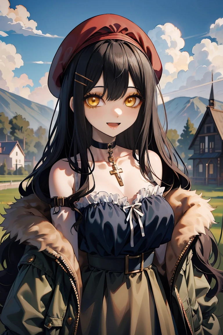 (masterpiece:1.2), (high quality:1.2), girls with((1girl, solo, black hair, yellow eyes, smiling, (wavy long hair, wearing a red beret, hairclips:1.45), bare shoulder, off shoulder, blush, breasts, choker, cleavage, coat, cowboy shot, navy lace dress, camisole, ribbon waist belt, black ribbon belt, collar, collarbone, rosary, rosary choker, cross, fur, fur trim, parka, khaki hoodie, green hoodie, khaki jacket, hood down, hooded coat, hooded jacket, hoodie, jacket, large breasts, long sleeves, medium breasts, open clothes, open coat,open hoodie, sleeveless, winter clothes, zipper, cleavage, upper body, hand up, waving, palm)), background with((architecture, blue sky, bush, castle, village, no humans, cloud, cloudy sky, day, field, garden, grass, hill, house, lamppost, landscape, mountain, mountainous horizon, nature, no humans, outdoors, scenery, shrine, sky))