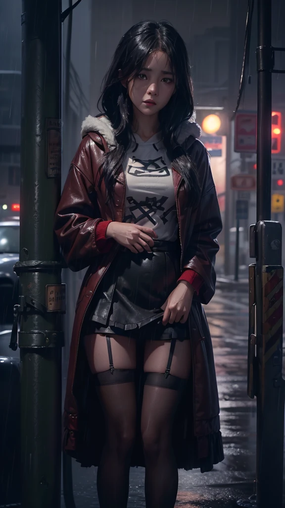 ((8k,masterpiece,best quality,Super detailed,Realistically)),extremely detailed face,Movie Lighting,Movie Lighting,Ray Tracing,Unlit Hair, On cloudy streets,Corner store,bus stop,rainstorm、heavy rain,Girl with long black hair and black eyes.。(She was wearing a red fur-trimmed hooded jacket,White top,Short black skirt and black garter belt,clothes soaked by rain,Black exposure,outdoor depth tent ),Cinema lens lighting