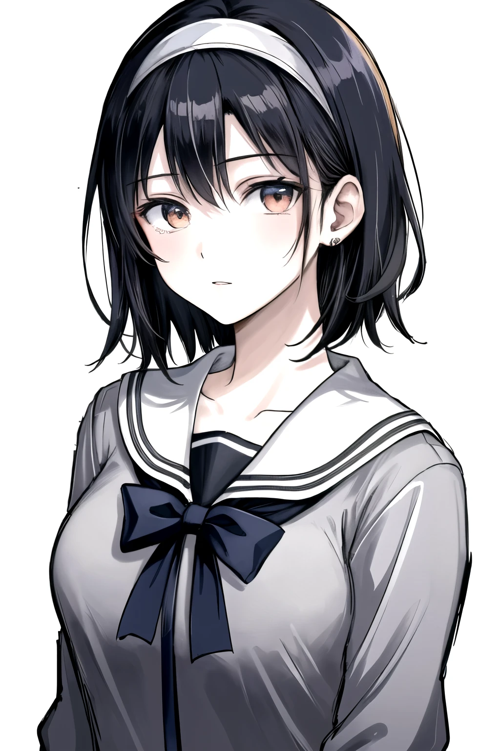 ((Masterpiece)),((High quality)),((High resolution)),((Extremely accurate and detailed representation of the human body)), An 18-year-old girl. Japanese. Wears a sailor uniform with a cardigan casually draped over it. Short hair. Hairband. Has a mysterious and enigmatic aura.