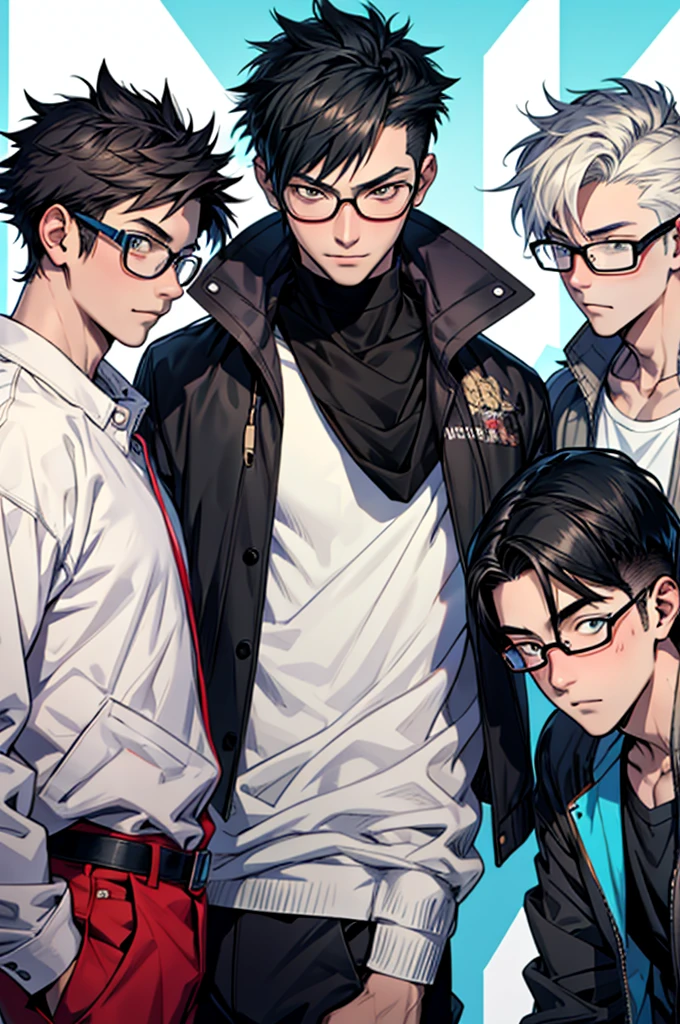 Masterpiece, best work, anime style, 3boys, in their 19-20 years old, looking at the camera, stylish clothing, each different hairstyles and colors, hot, well drawn detailed eyes, 1boy shy expression with glasses, 1boy confident, 1boy happy,
