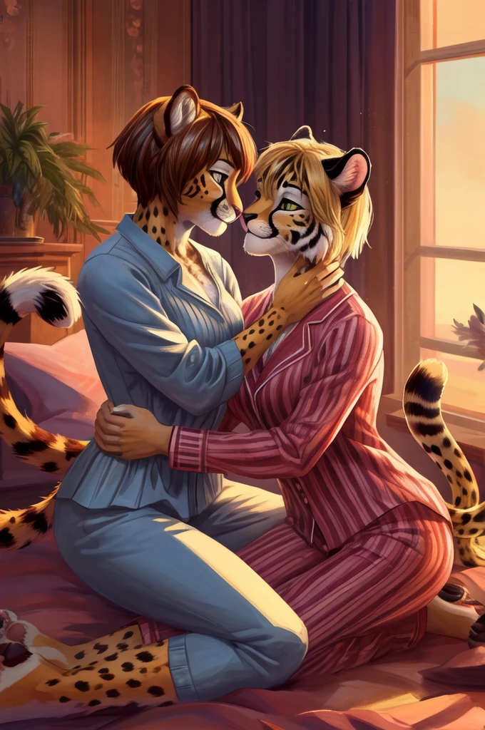 (hi res), ((masterpiece)) , ((best quality)), illustration, girls, pajamas, cheetah, felid, feline, khajiit, mammal, pantherine, tiger, anthro, female, female/female, fur, smile, spots, spotted body, spotted fur, squish, upper body, indoors, short hair,