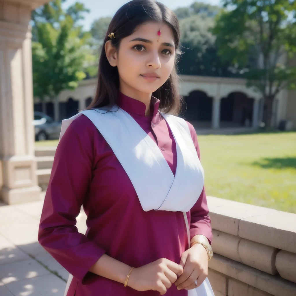 a beautiful young Indian school girl wearing a salwar kameez uniform, detailed face, beautiful eyes, delicate smile, sunlight filtering through the background, vibrant colors, cinematic lighting, highly detailed, photorealistic, 8k, (best quality,4k,8k,highres,masterpiece:1.2),ultra-detailed,(realistic,photorealistic,photo-realistic:1.37)