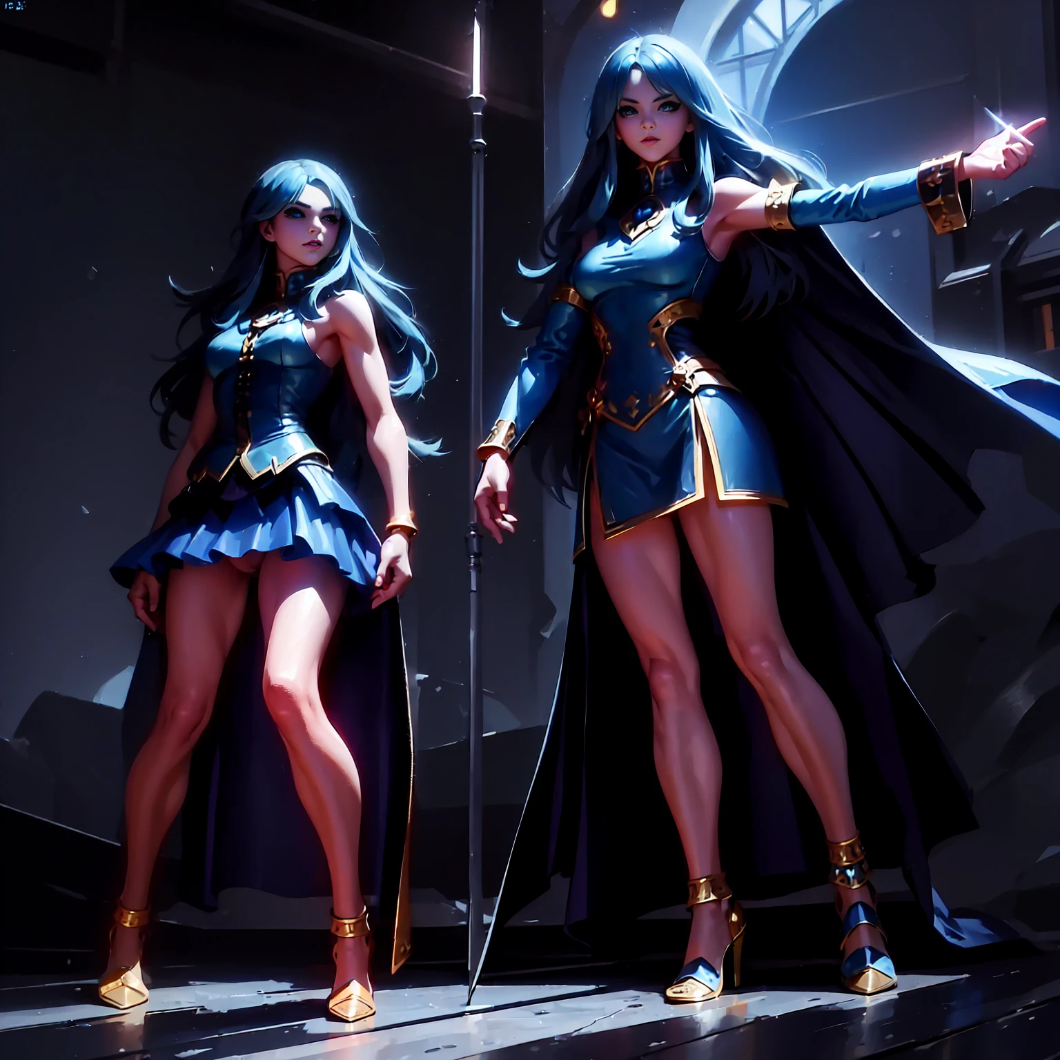 ( high quality , Very detailed, Accurate hands,Accurate Arm,Accurate feet:1.4)Fantasy Clothing,Blue Hair,Long Hair,High heels,Exposed Skin,Highly revealing,Nearly naked,whole body,Without skirt,No cape,No underwear,From below,