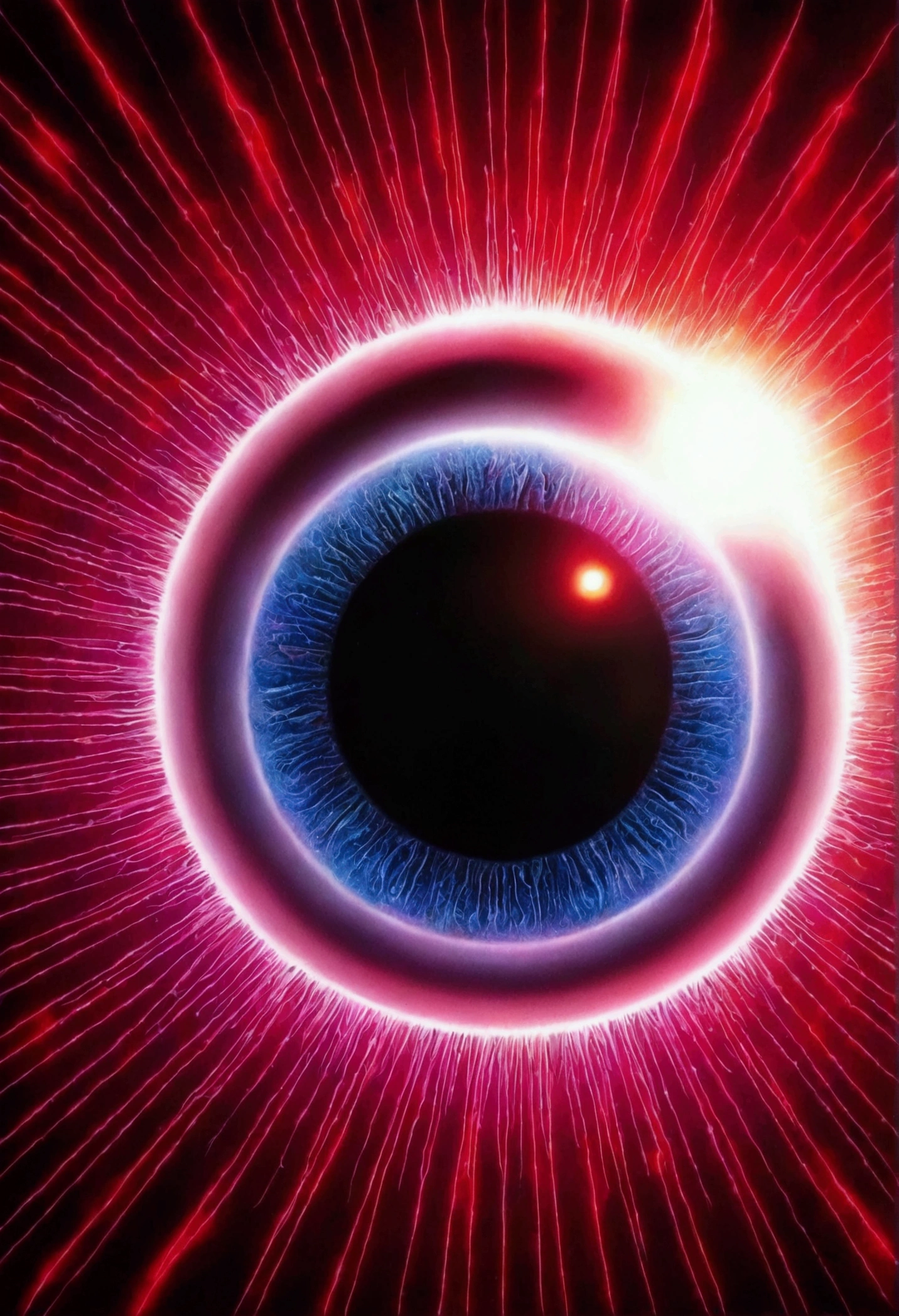 ,A laser beam shoots out of the pupil,refraction,Super Realism,The retinal structure is clear,Psychedelic rock author:Zdzislaw Bieksinski、big eyes、Red Moon