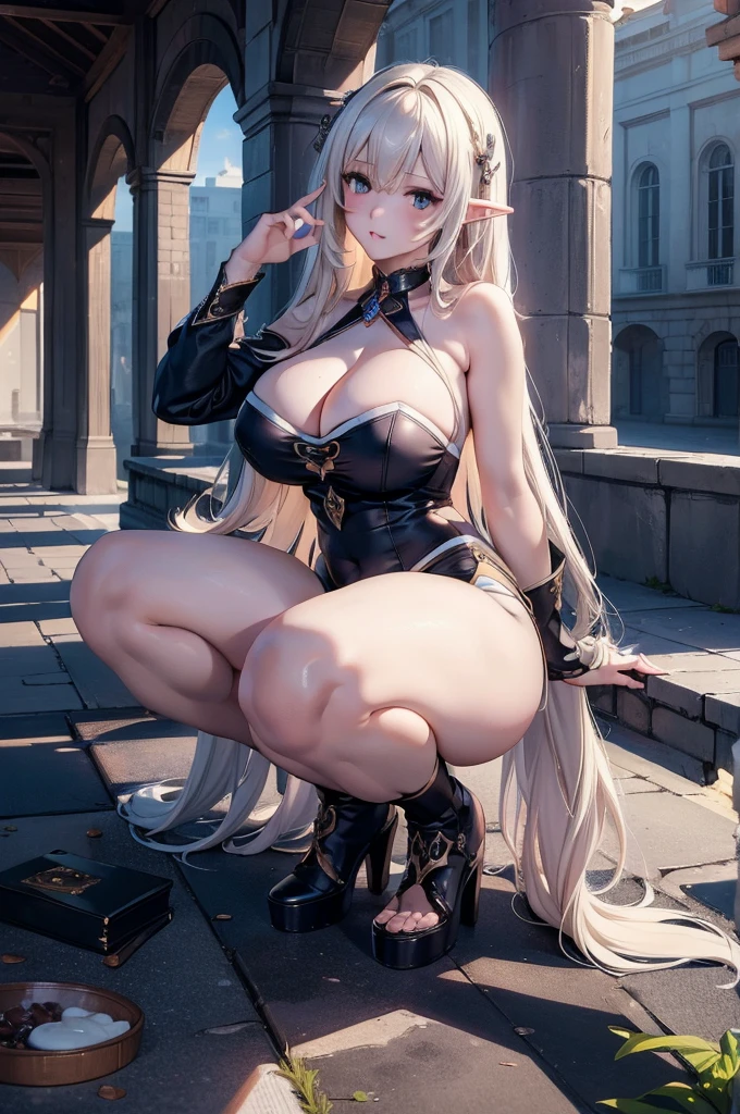 ((masterpiece,High resolution,8K quality,Highest quality)),(masterpiece:1.2), (Highest quality:1.2),Dark Elf ,Huge breasts, Big Tits, Thick legs, Big thighs,squat