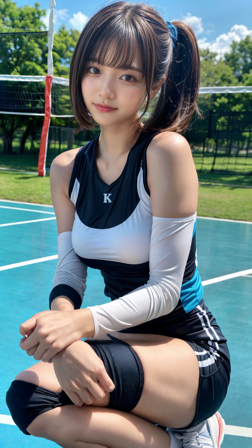 (absurdres:1.3), (highres:1.3), (ultra detailed:1.3),(1girl:1.3), (extremely detailed CG unity 8k wallpaper:1.3), (detailed skin texture, detailed cloth texture, detailed hair texture), (beautiful detailed face, supermodel, pale skin, realistic glistening skin), (RAW photo, best quality), (realistic, photo-realistic:1.4), masterpiece, extremely delicate and beautiful,Amazing, finely detail, extremely detailed CG unity 8k wallpaper, huge filesize, ultra-detailed, highres, absurdres, soft light,rim light, vibrant details, short bob hair, large breasts, black hair color, Big Natural Color Lip, (perfect body shape), beautiful legs, BREAK (white and blue theme:1.4), (volleyball uniform:1.3), ((sleeveless, bare shoulders):1.3), (compression shorts:1.4), (sports shoes:1.2), (blue Knee sleeve covers only Knee:1.3),
BREAK (white theme:1.3), (white elbow sleeve covers only elbow:1.3), (white socks:1.3), crying a little、little smile, Harajuku style、20 year old girl、cute type、lolita、