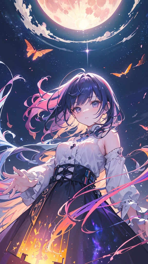 Vast landscape photography , (A view from below, with the sky above and the wide fields below), A girl standing in a flower field looking up, (full moon:1.2), ( shooting star:0.9), (nebula:1.3), Distant Mountain, Treebreak Production Art, (Warm light source:1.2), (fire Fly:1.2), lamp, Lots of purple and orange, Intricate details, Volumetric Lighting Break (masterpiece:1.2), (Highest quality), 4K, Very detailed, (Dynamic configuration:1.4), Very detailed, Colorful details,( Rainbow colors:1.2), (Glowing lights, Atmospheric lighting), dream-like, Magic, (alone:1.2)