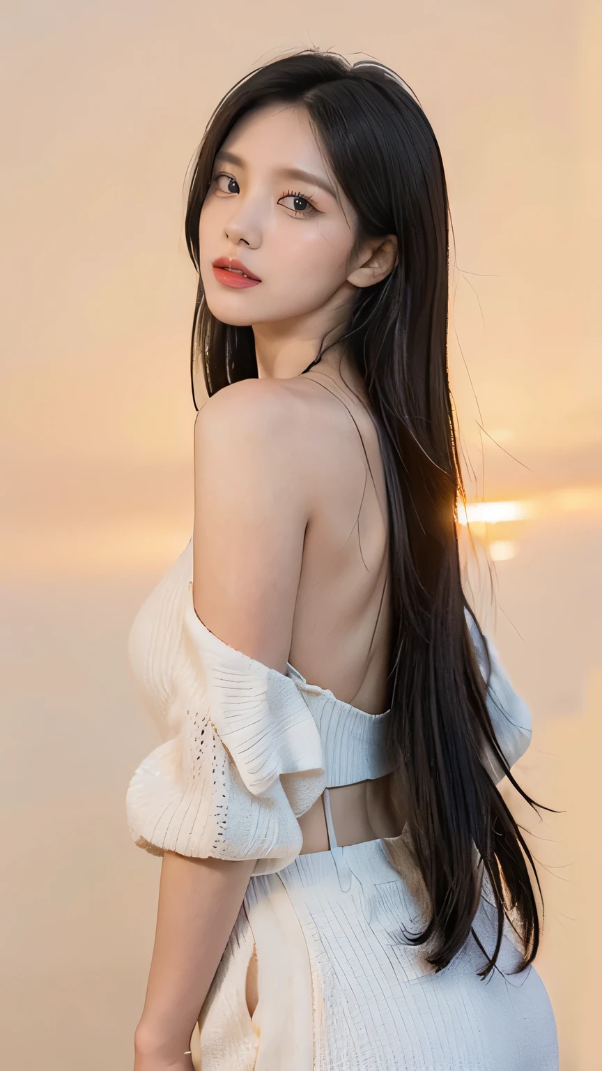 (8k, Raw, Top Quality, Masterpiece: 1.2), (Realistic, Photorealistic: 1.37), Ultra High Resolution, One Girl, Cute, Alone, View Alone, Top Quality, Masterpiece, 8k, droopy eyes, big tits, beautiful breasts, plain background, facing forward, gray knit, smiling, standing, highly detailed face, highly detailed very detailed face, highly detailed lips, double eyelids, elaborate details and subtle sparkle, shooting her in a pose that reflects both elegance and confidence, enhancing the visual effect with cinematic lighting. Use modern 2D design for the background, creating a beautiful, balanced composition. Enhance the scene with elements such as depth of field, bloom effects, and a touch of sparkle, adding a dreamy texture to the overall image. Pay close attention to detail