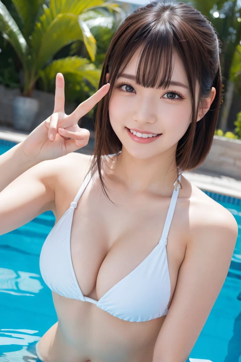 poolside, bright daylight, medium-shot portrait of a cheerful idol in a bikini, cute pose, peace sign, sparkling eyes, photorealistic, sharp focus, commercial photography, skin details, hyper details、Upper Body