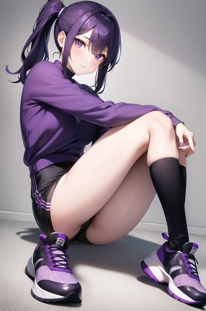 girl purple eyes, dark purple hair with ponytails on the sides, short purple sweater with an open waist, dark sportswear, purple sneakers