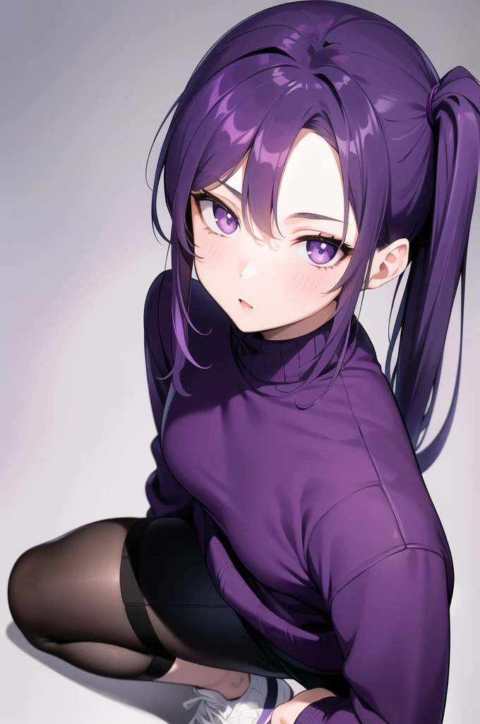 girl purple eyes, dark purple hair with ponytails on the sides, short purple sweater with an open waist, dark sportswear, purple sneakers