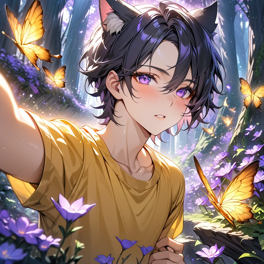 Boy with yellow tshirt, cat ears, forest,purple dark light, absurdres, highres, ultra detailed, HDR, master piece, best quality, black hair, expressive purple eyes, magical, fantasy, shining, purple flowers, blossoms, yellow butterflies, medium shot, Taking selfies