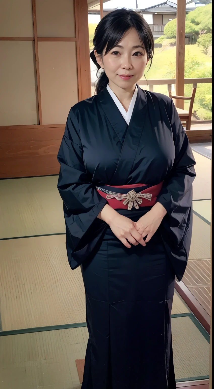 A MILF、Big breasts big breasts、A 45-year-old woman named Misaki, wearing a traditional Japanese kimono in blak colors. She has long black hair tied up. She is in a traditional Japanese house with sliding doors and tatami mats.