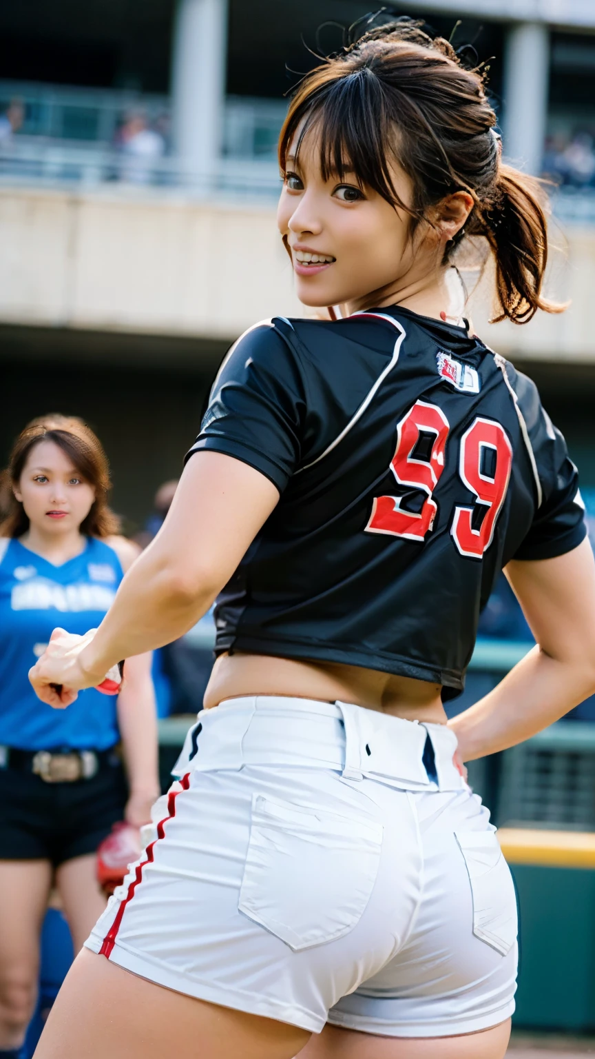 (((First Person))),(((Perfect anatomy, carefully drawn limbs with perfect joints and no excess or deformities))),(((The grandstands are filled with spectators))),The enthusiastic crowd roars,(((On the field of a softball stadium filled with enthusiastic spectators, a beautiful softball player with outstanding style stands in the batter's box with a serious look in her eyes))),(((The softball uniform, with a short-sleeved, collarless shirt with a large number on the back and the bottoms tucked into shorts and a belt, is々Shii,Wear softball socks and spikes))),(((Capture the powerful moment when you step up to bat and swing with all your might in a full-body snapshot))),Speed,body幹の強い低い姿勢,Speed,(Capture the essence of the movement and the moment of the play),((The audience roars at the wonderful play of a beautiful softball player wearing a red uniform and shorts on a white background),(((With a serious look on his face, he holds a softball helmet and a metal bat.,打席でバットを振ってヒットする瞬間の動きの本質を捉えた4K full body shot from the side)),All in one,Gritting teeth,Sharp step,(Skin Dentition:1.5),Realistic and realistic,(masterpiece:1.5),(((Sports concept art))),Intricate details,Highly detailed and realistic,Octane Rendering,4k quality,(Sports Real Engine),Dynamic pose,4K Top Quality,High resolution,(Realistic Face:1.1),(Surreal:1.1), ((full_body)),((Expressing the dynamism that emanates from the whole body)),(((He has a slim, muscular body, but his strong legs and slim waist make him look very stylish.))),(4K full body shot from the side),(Shiny skin:1.2),(((Hairstyle))),(((Perfect hands))),(Highly detailed background),((整備された美Shii芝が張られたピッチに観客で一杯のスタジアムの背景が壮観)),A crucible of cheers and excitement,((Beauty condensed in 1girl)),((光を蓄えた美Shii瞳)),(Shiho wearing a necklace),(((滴る大量の汗が眩Shii))),(The short bob flows with your movements.),casting ,((Dramatic beauty)),披写界深度の深い美Shiiボケ,4K,Gothic,4K Digital SLR Camera,Fujifilm XT3 style,(Saiharu Body),(Delicate eyes and face),Professional Perspective,素晴らShiiディテール,(1girl condenses exceptional beauty),繊細でHigh noseを持つ美Shii顔,High nose, Clear chestnut eyes that glorify the light, Glossy red lips, light makeup,