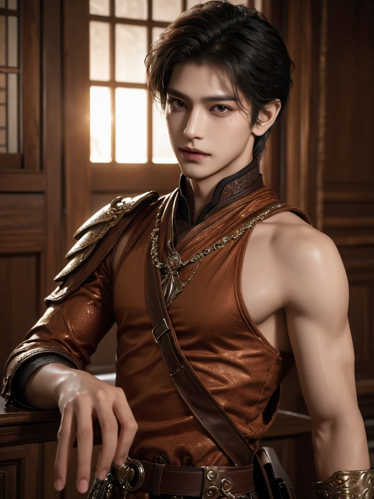 master-piece, bestquality, ultra-detail, 8K, detailed lighting, Detailed shadows, RAW, (Detailed skin), (lifelike: 1.2), 1men,Age 25, Mafia from Shanghai, Good shape, tall handsome., Take off your tank top.,palace background,gold