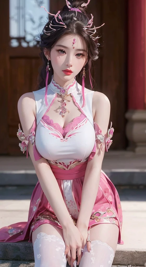 8K ultra hd, masterpiece, best quality, a beautiful girl, long hair, impressive hairstyle, royal hair jewelry, pretty cute face, flawless face, jewellery earrings, antique jewellery, details eyes, beautiful eyes, meticulous makeup, thin eyebrows, beautiful red lips, medium breasts, pink mesh socks, thin pink silk shirt with many white motifs, white lace shirt, long bangs and a long platinum pink ponytail, realistic colors, magic effects, Ancient hanfu background, look directly at the audience, whole body capture,