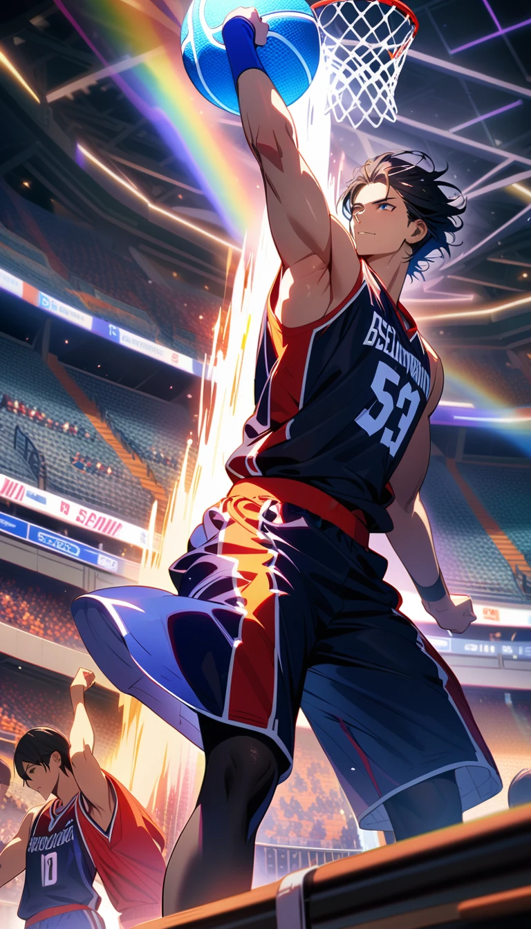 masterpiece, best quality, Very detailed, HD, Expensive solution, Human Development Report, Very detailed CG, Beautiful details, depth, Delicate texture, very good, Completely focused, Handsome man, 男basketball运动员,basketball框, short hair, Black Hair, Emerald eyes,Game-Winning Dun,basketball框,Slam Dunk, basketball服, basketball, Cold face and eyes, Ethereal atmosphere, Intricate details, Volumetric Lighting, Rainbow Colors, Atmospheric lighting, lens flare, light, 彩色light, particle, Black and white color scheme, Epic, Dramatic action, Dynamic Synthesis, Vibrant colors, Depth of Field, Detailed texture,Basketball court in the stadium, Surrounded by cheering audience,