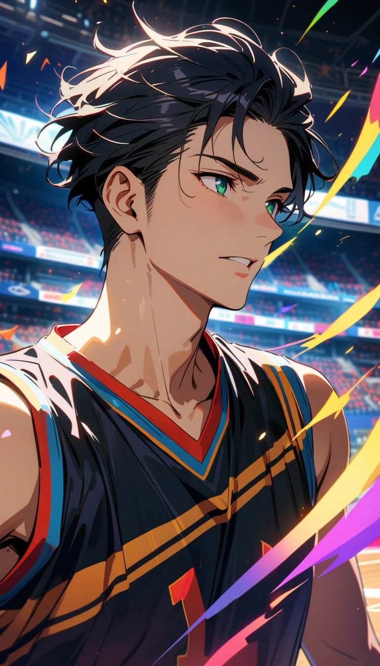 masterpiece, best quality, Very detailed, HD, Expensive solution, Human Development Report, Very detailed CG, Beautiful details, depth, Delicate texture, very good, Completely focused, Handsome man, 男basketball运动员,basketball框, short hair, Black Hair, Emerald eyes,Game-Winning Dun,basketball框,Slam Dunk, basketball服, basketball, Cold face and eyes, Ethereal atmosphere, Intricate details, Volumetric Lighting, Rainbow Colors, Atmospheric lighting, lens flare, light, 彩色light, particle, Black and white color scheme, Epic, Dramatic action, Dynamic Synthesis, Vibrant colors, Depth of Field, Detailed texture,Basketball court in the stadium, Surrounded by cheering audience,