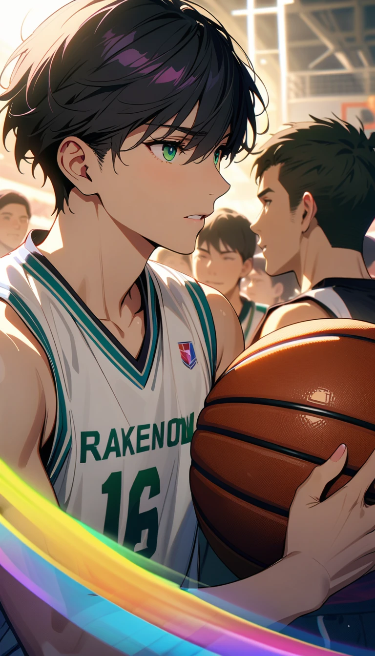 masterpiece, best quality, Very detailed, HD, Expensive solution, Human Development Report, Very detailed CG, Beautiful details, depth, Delicate texture, very good, Completely focused, Handsome man, 男basketball运动员,basketball框， short hair, Black Hair, Emerald eyes,Game-Winning Dun，basketball框，Slam Dunk， basketball服, basketball, Cold face and eyes, Ethereal atmosphere, Intricate details, Volumetric Lighting, Rainbow Colors, Atmospheric lighting, lens flare, light, 彩色light, particle, Black and white color scheme, Epic, Dramatic action, Dynamic Synthesis, Vibrant colors, Depth of Field, Detailed texture,Basketball court in the stadium, Surrounded by cheering audience,