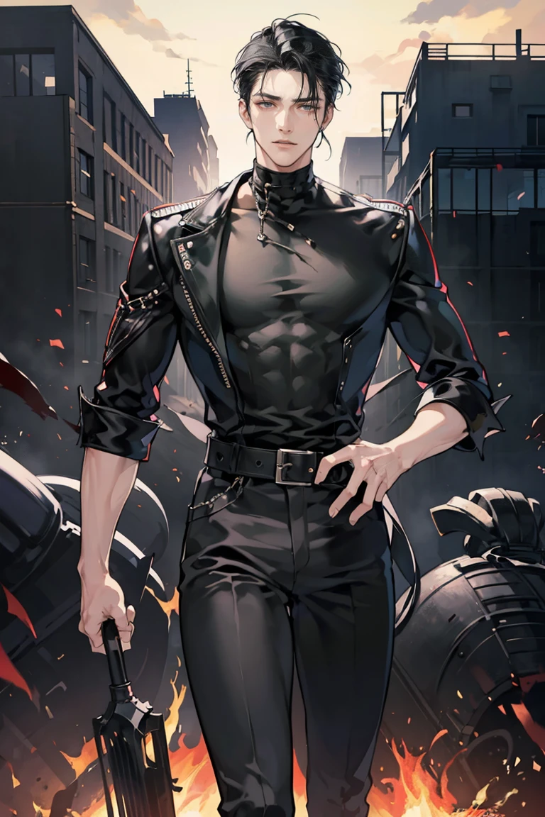 anime - (masterpiece), best quality, seductive eyes, mature face, black eyes, mid length slicked back black haircut, plain black t shirt, black leather jacket, black pants, tall man, long legs, masculine, broad shoulders, massive body, adult-like, full body, hands on hips, bad boy, the background is a burning and exploding city
