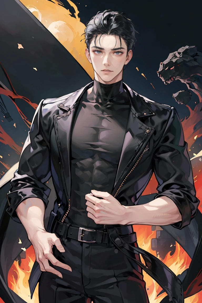 anime - (masterpiece), best quality, seductive eyes, mature face, black eyes, mid length slicked back black haircut, plain black t shirt, black leather jacket, black pants, tall man, long legs, masculine, broad shoulders, massive body, adult-like, full body, hands on hips, bad boy, the background is a burning and exploding city