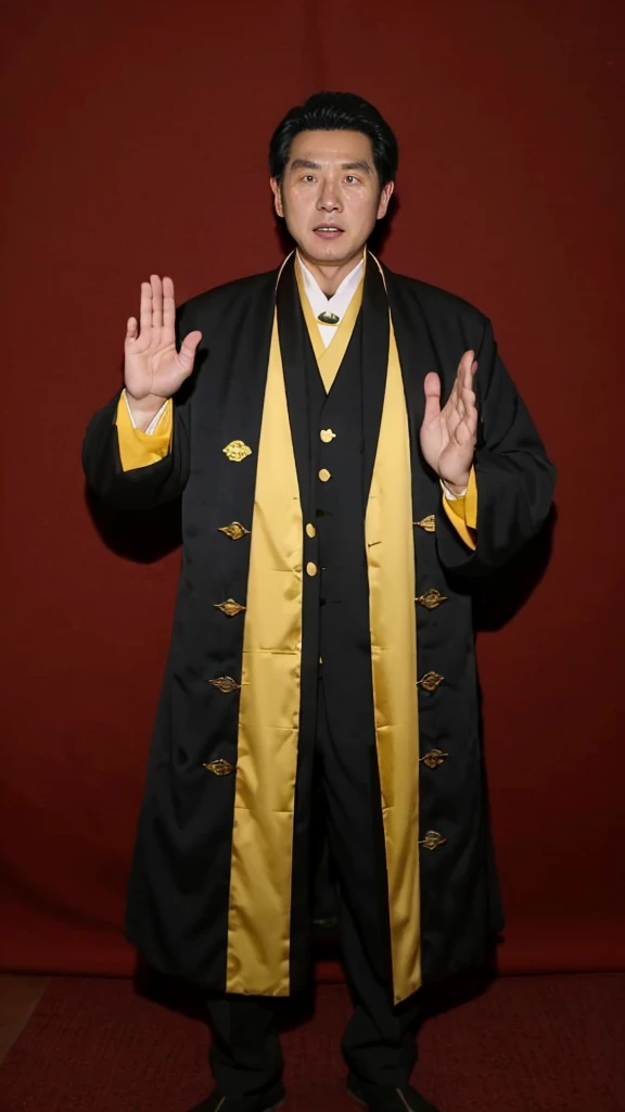 A Taoist priest，Handsome，whole body，Raising one hand，Excited，Taoist uniform，Black Hair，Yellow coat，