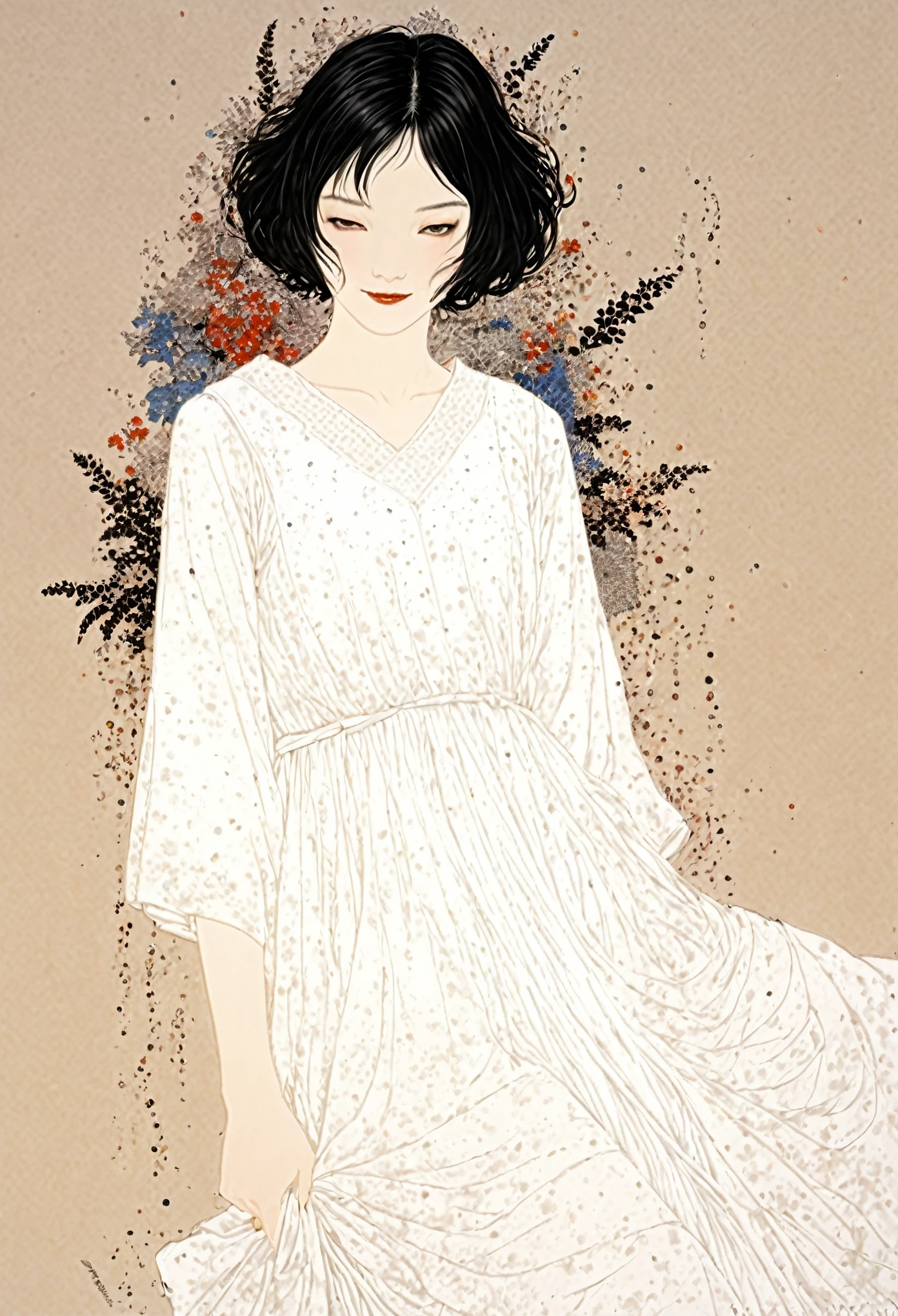 Line art、virgin、Splattered、Crazy Smile、Falling Flowers、takato yamamoto style、face、Flower Art、White Dress