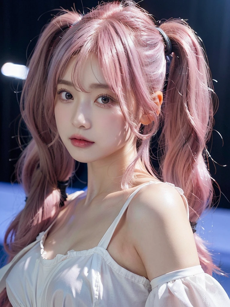Shot with a top-of-the-line camera. highest quality, ultra-detailed, intricately detailed, high resolution, 8k, One woman. (very large breasts:1.3), A youthful look of about 15 years old. Slim and well-proportioned, (pink hair in twintails:1.3), fair skin. (white lingerie:1.3), her cleavage is visible, and The shooting location is a room on the top floor of a high-rise apartment, with the background being the indoor window glass.
