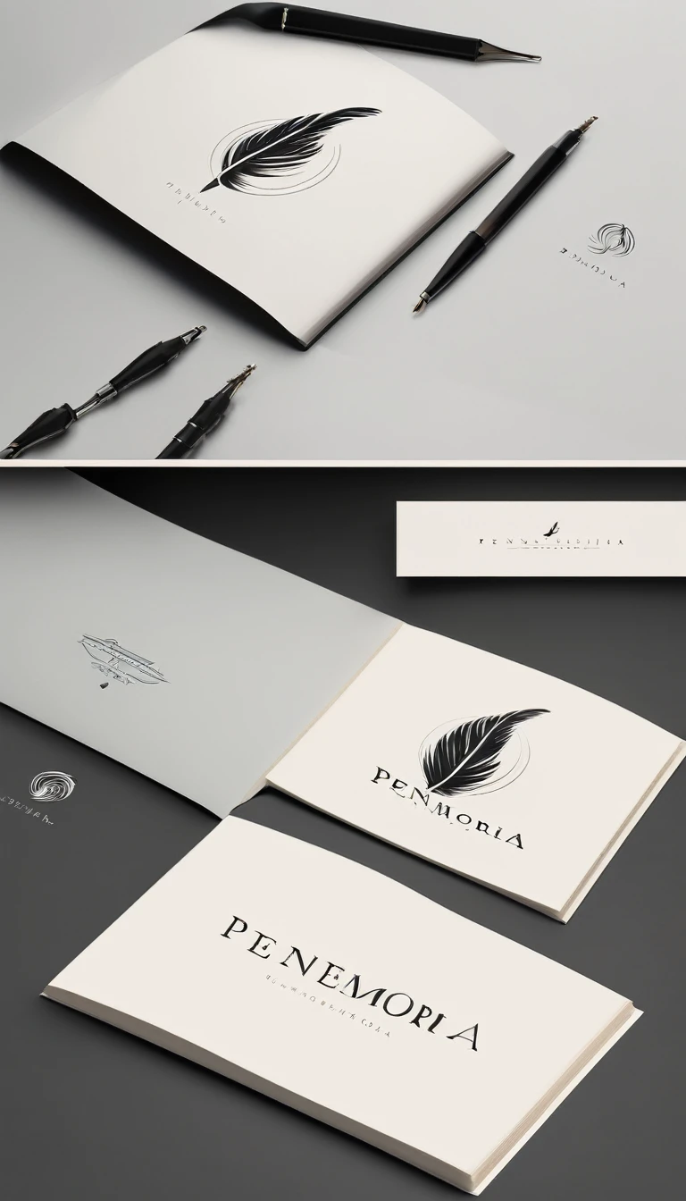 A minimal, high quality, modern, simple, cinematic symbol design for the brand “Penamemoria". The logotype must be a simple, magical feather and a boy playing acoustic guitar. The logo must convey a sense of music, stories and dreams. Logo design impressed on a book cover. Minimalistic logo