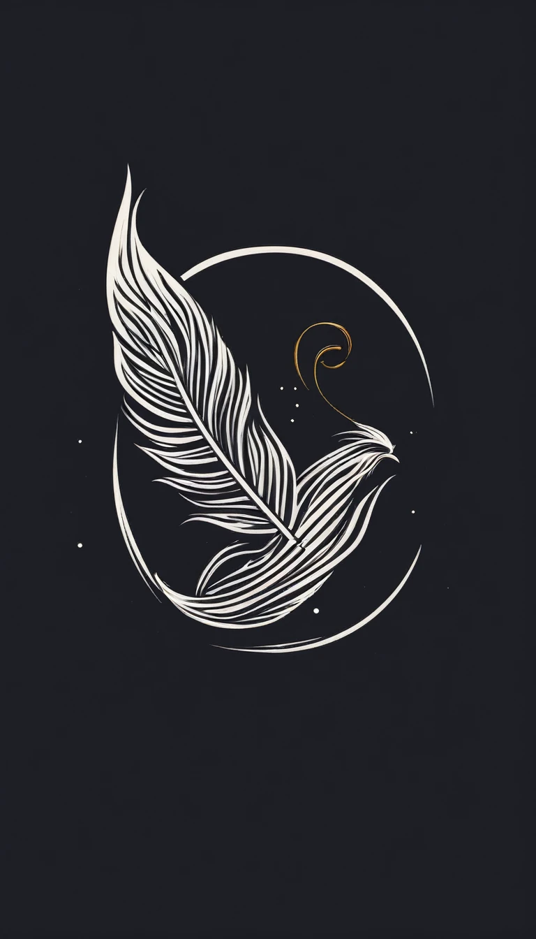 A minimal, high quality, modern, simple, cinematic symbol design for the brand “Penamemoria". The logotype must be a simple, magical feather and a boy playing acoustic guitar. The logo must convey a sense of music, stories and dreams. Logo design impressed on a book cover. Minimalistic logo