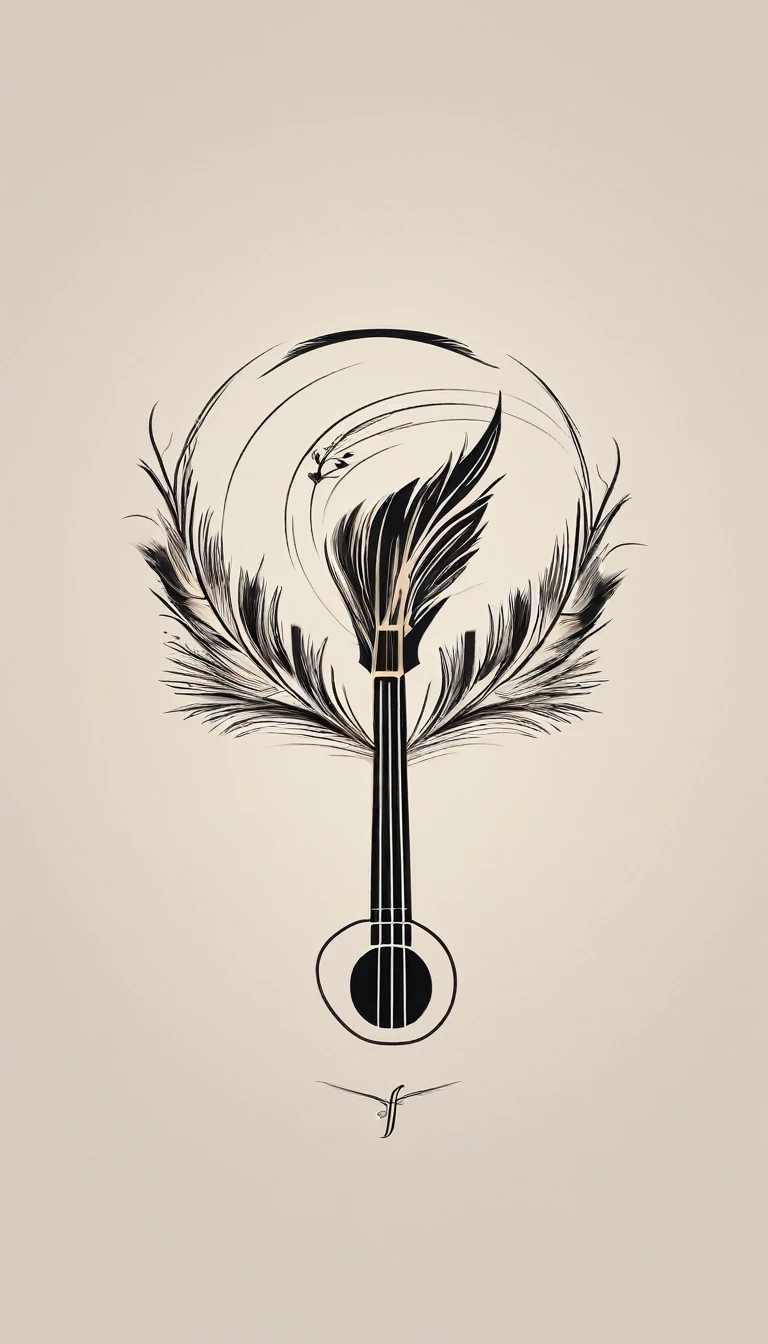 A minimal, high quality, modern, simple, cinematic symbol design for the brand “Penamemoria". The logotype must be a simple, magical feather and a boy playing acoustic guitar. The logo must convey a sense of music, stories and dreams. Logo design impressed on a book cover. Minimalistic logo
