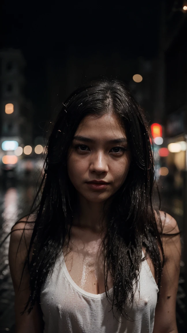 1girl,solo,long hair,Rough skin,(looking at viewer:1.2),wet hair,micro_shorts,dark,polaroid,(depth_of_field:1.5),rainy days,outdoors,street,hair between eyes,moody lighting,Tyndall effect,Cinematic Lighting,night,lamppost,lens flare,available light,rim light,glowing neon lights,curvy,chinese_style,