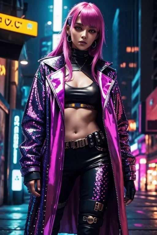 Cyberpunk, Woman, open sequin coat, bright colored clothing, cyberpunk mercenary