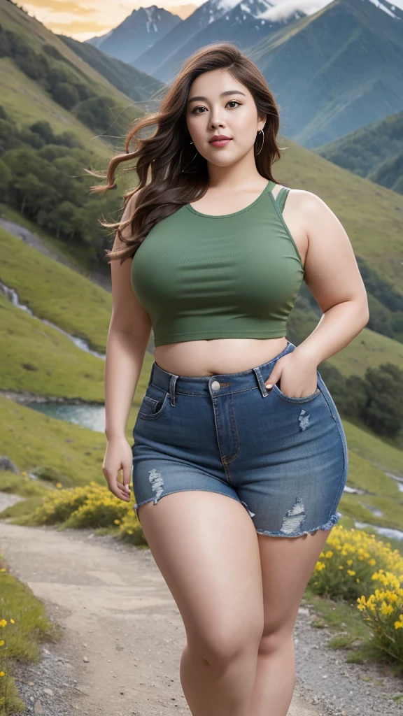 ((Best Quality, 8K, Masterpiece: 1.3)), Chubby woman smile ((best quality)), ((masterpiece)), (detailed), perfect face, USA woman fat in a dark-blue shirt and blue denim skirt walking down a street, thicc, she has a jiggly fat round belly, bbwchan, wearing tight sexy clothes, skinny waist and thick hips, widest hips, her belly is fat and round, soft curvy shape, hyperrealistic full figure, wearing a cute top, wide hips, cropped shoulders,Bare belly,(big assa:0.7),show legs,, thicc, beautiful thick female, beautiful curvy female,, Tall and tall,clear curvy details, curvy hourglass figure, alluring plus sized model, bbwchan, Voluptious body, Curvy model, Curvy body, Be red in the face, 1girll fat , a matural female, A MILF, the golden ratio,(Kpop idol),(Oil skin:1.2),(Oil skin:1.1) background High quality, HD, realistic, HDR. mountain refuge in grey stone, blends into the panoramic view of the mountain, spring landscape (green and flowery), edelweiss, lake, stream that winds, sunset, cool breeze. welcome mountaineers and hikers.