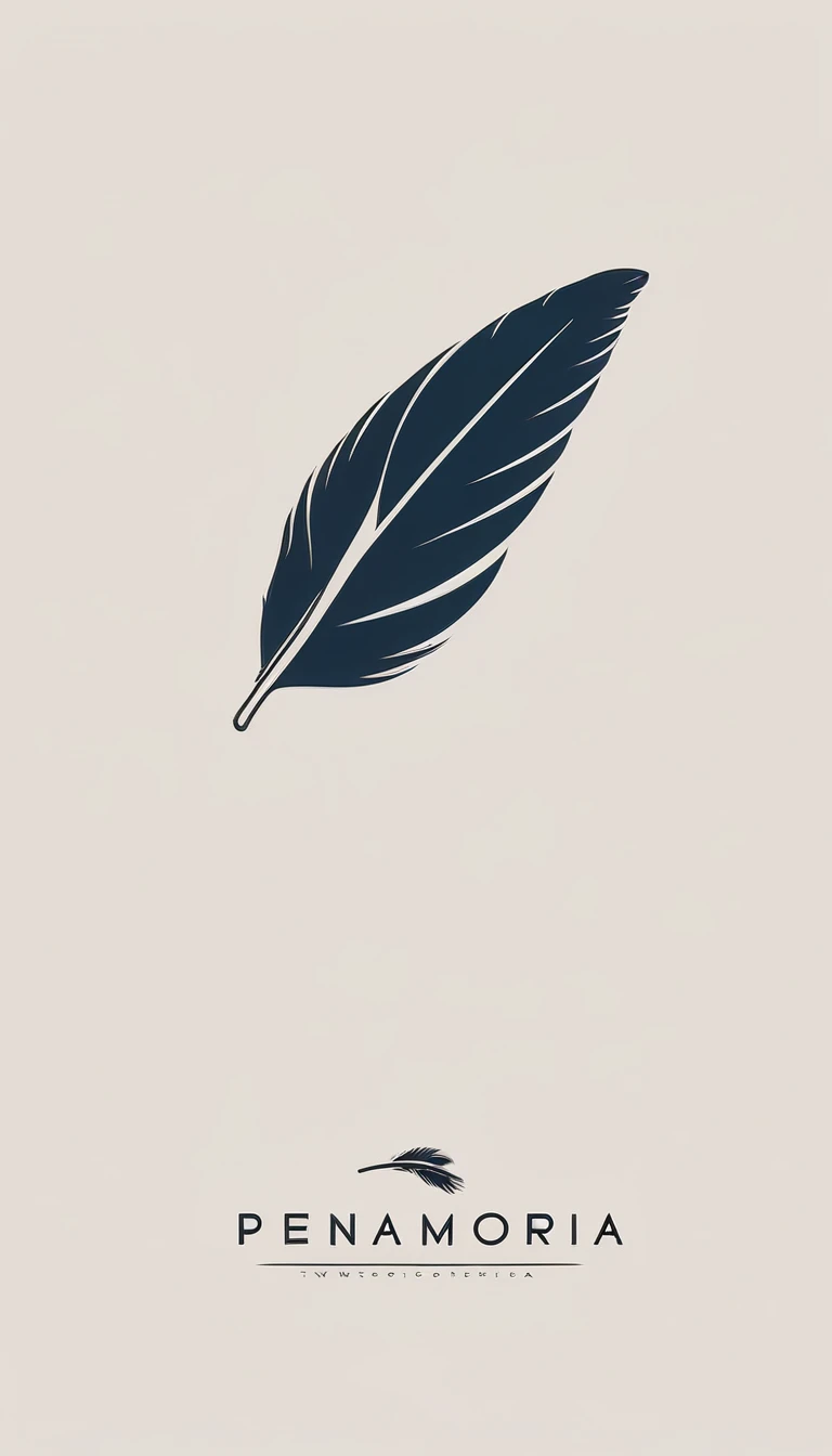 A minimal, modern, simple, cinematic logotype for the brand “Penamemoria". The logotype must be a simple, magical feather and a boy playing acoustic guitar. The logo must convey a sense of music, stories and dreams. Logo design impressed on a book cover. Minimalistic logo