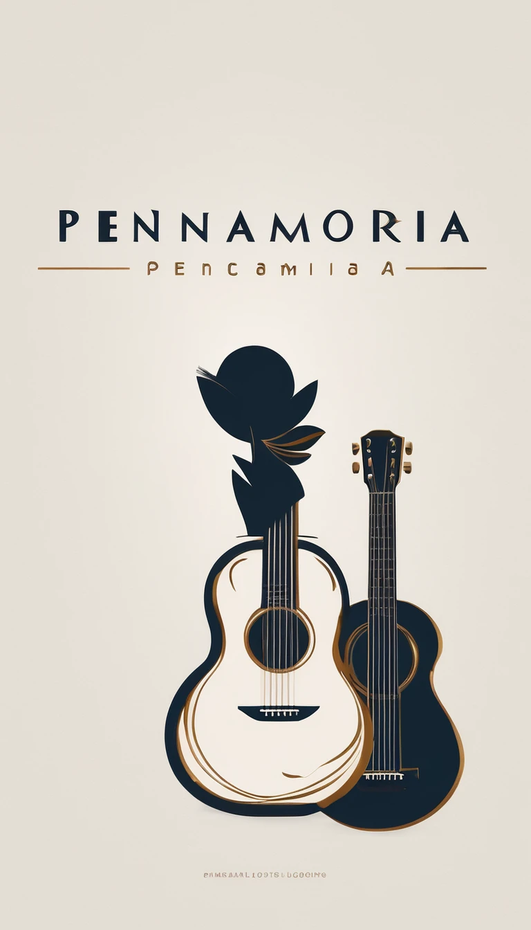 A minimal, modern, simple, cinematic logotype for the brand “Penamemoria". The logotype must be a simple, magical feather and a boy playing acoustic guitar. The logo must convey a sense of music, stories and dreams. Logo design impressed on a book cover. Minimalistic logo
