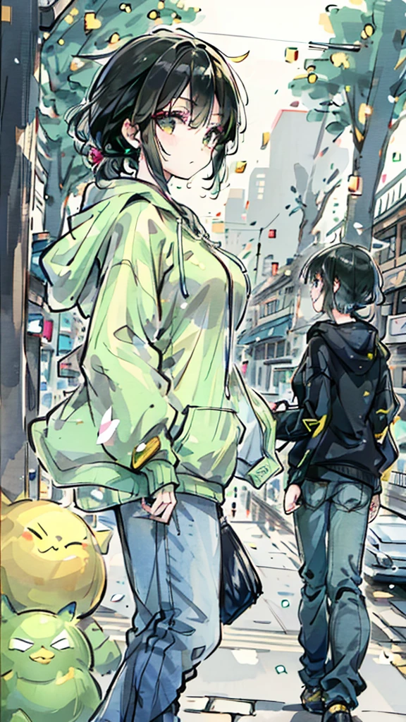 A young woman wore a light green hoodie with Chinese characters in the center. Walking on the city streets, the surrounding area has shop buildings and parked motorcycles. There was another woman in the background wearing a black hoodie and jeans. In the background, there are still large trees and people walking by. The weather seemed to be cool because everyone was wearing sweaters.