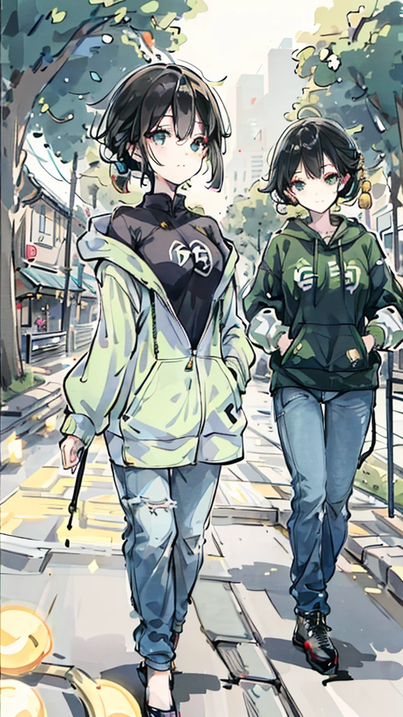 A young woman wore a light green hoodie with Chinese characters in the center. Walking on the city streets, the surrounding area has shop buildings and parked motorcycles. There was another woman in the background wearing a black hoodie and jeans. In the background, there are still large trees and people walking by. The weather seemed to be cool because everyone was wearing sweaters.