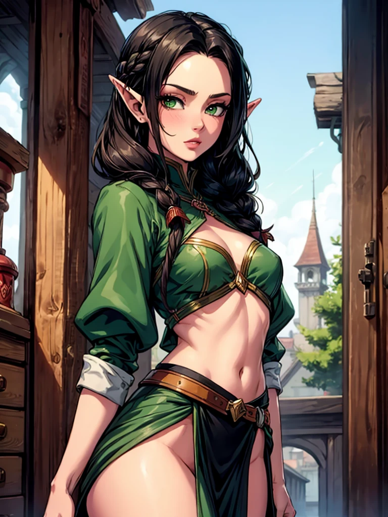 Female elf, long black hair, braided hair, brunette, round face, small ears, green and white clothes, in a fantasy town, fantasy character
sultry look, seductive,