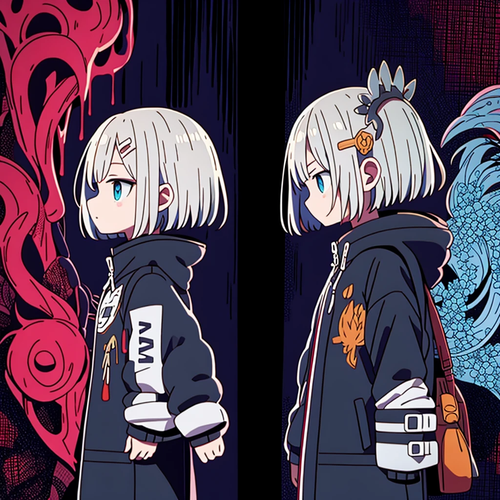 Stylized anime illustration BREAK Profile focused on character in background BREAK Short-haired white character wearing a large hooded jacket, BREAK looks to the side with a calm expression。The complex background of machine gears and cogs、Expressed in a variety of soft colors。, Create complex yet harmonious patterns