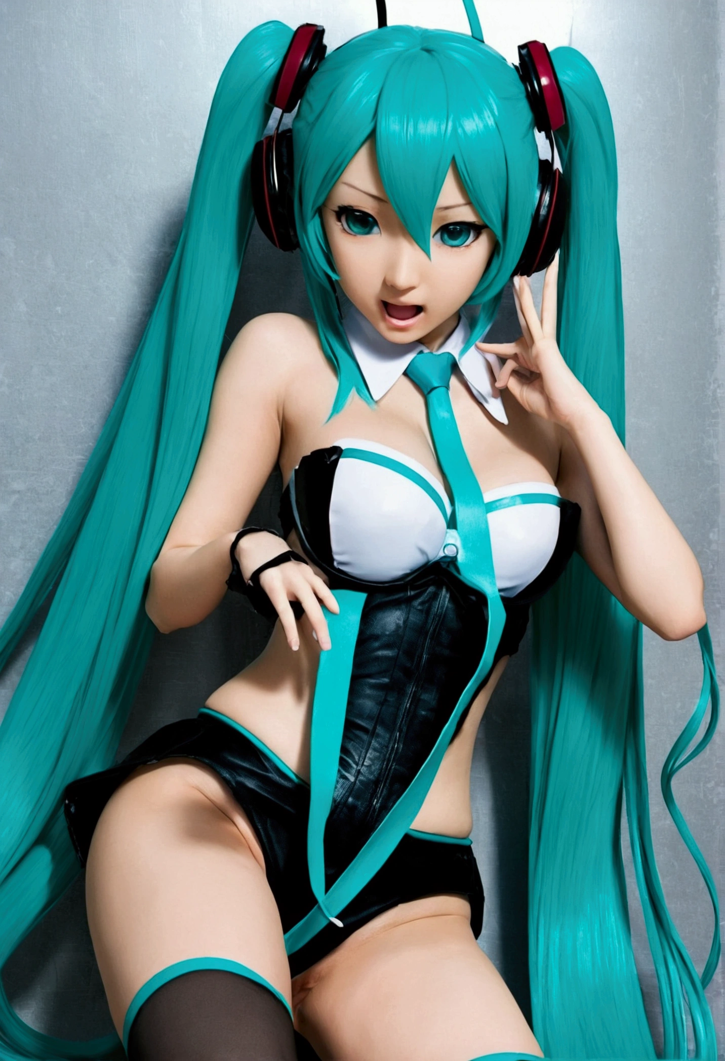 Hatsune Miku, who has big breasts and muscles, masturbates with his hands