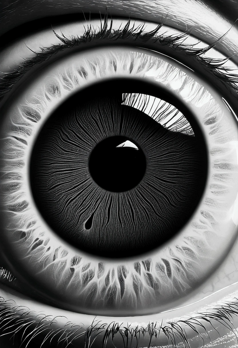 A UFO shot out of the pupil，Super Realism，The retinal structure is clear，Psychedelic Rock，author：Zdzislaw Bieksinski、