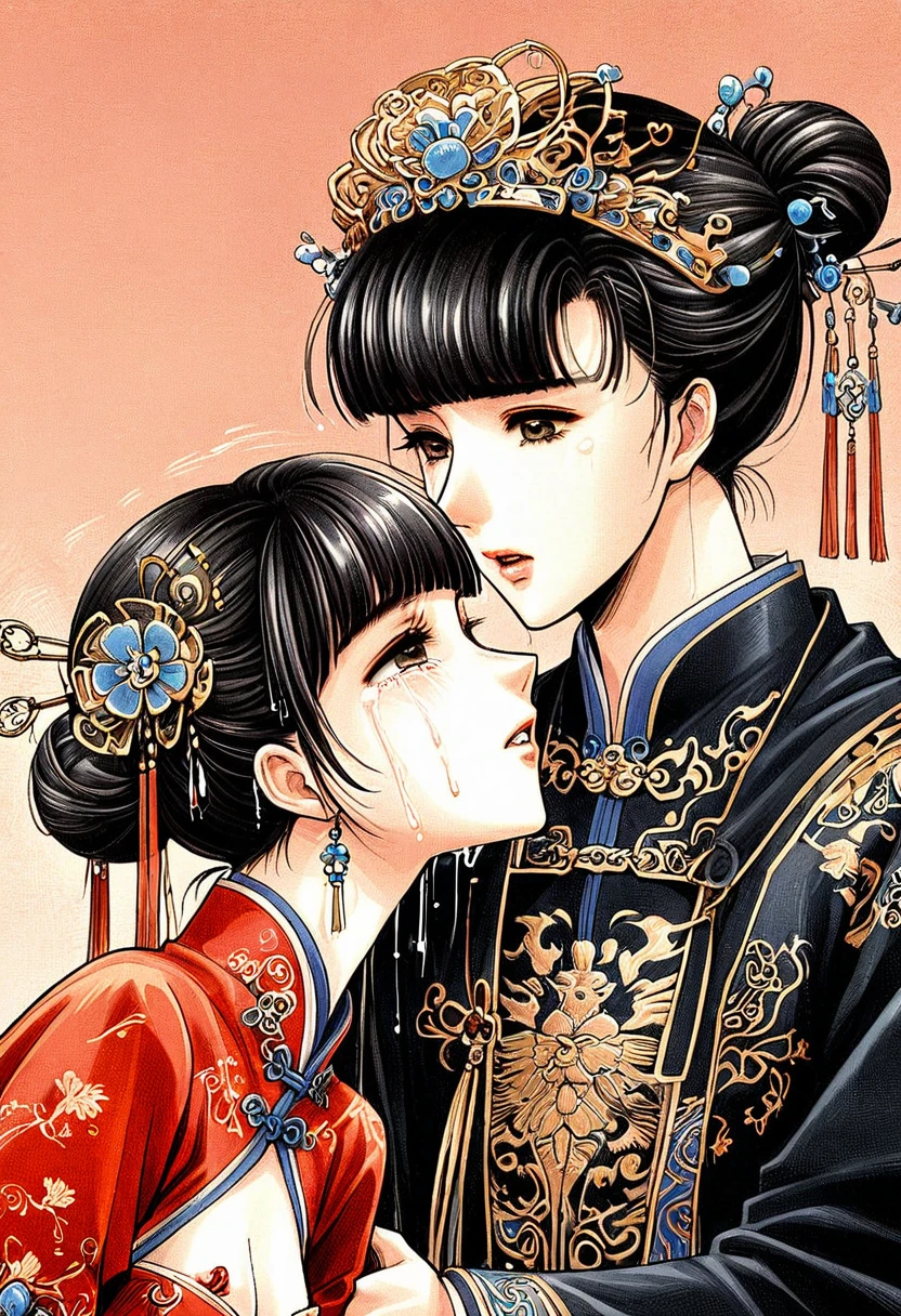 Period drama manga style　A 15-year-old super beautiful Chinese girl with black hair in a bun cut(1 person)　She is wearing a royal long-sleeved Chinese dress　She is forced to be held by the perverted old emperor while facing each other and cries.　She exposes her nipples and gets fucked in face to face standing position　