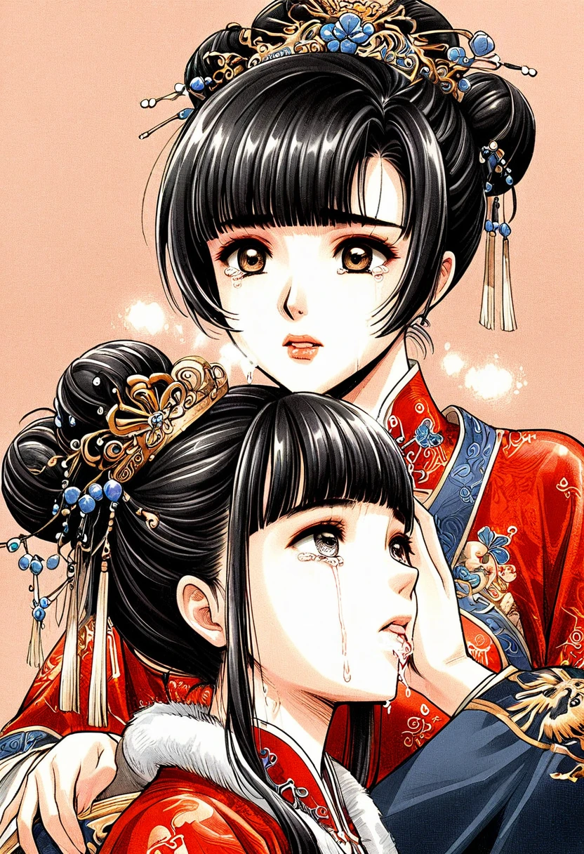 Period drama manga style　A -yeld su beautiful Chinese girl with black hair in a bun cut　She is made to lie on her back on a Chinese-style bed, wearing a long-sleeved royal Chinese dress, and the emperor thrusts his penis into her pussy in the missionary position, making her cry.　She gets fucked hard