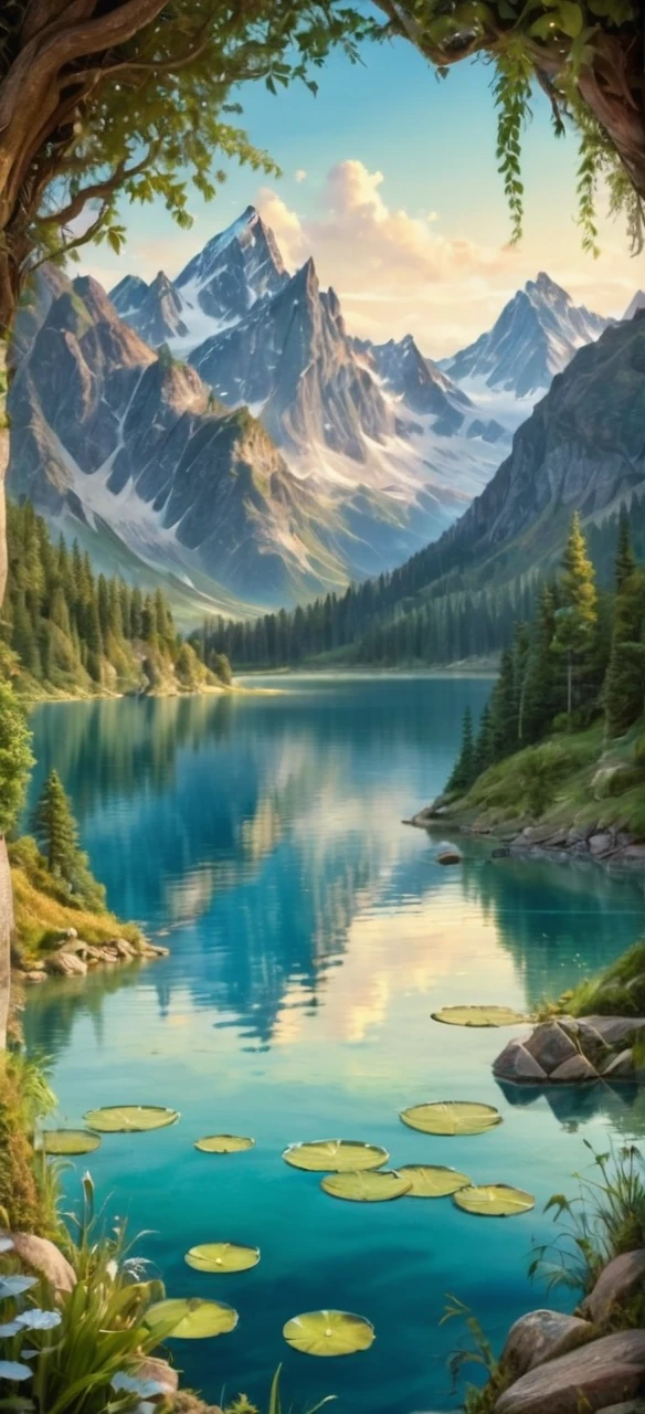 a book with a picture of a lake and mountains on it, fantasy book cover painting, fantasy book illustration, detailed dreamscape, dreamy and detailed, whimsical fantasy landscape art, fairytale painting, storybook art, fairytale artwork, romantic storybook fantasy, painting of a dreamscape, detailed painting 4 k, fantasy painterly style, very magical and dreamy