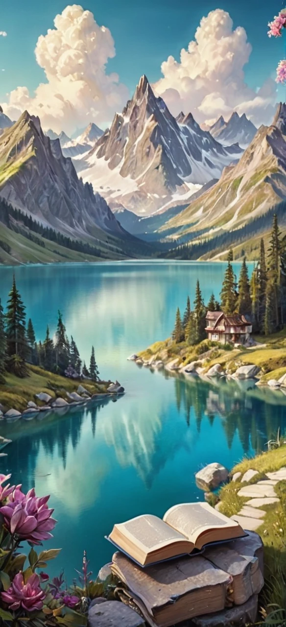 a book with a picture of a lake and mountains on it, fantasy book cover painting, fantasy book illustration, detailed dreamscape, dreamy and detailed, whimsical fantasy landscape art, fairytale painting, storybook art, fairytale artwork, romantic storybook fantasy, painting of a dreamscape, detailed painting 4 k, fantasy painterly style, very magical and dreamy