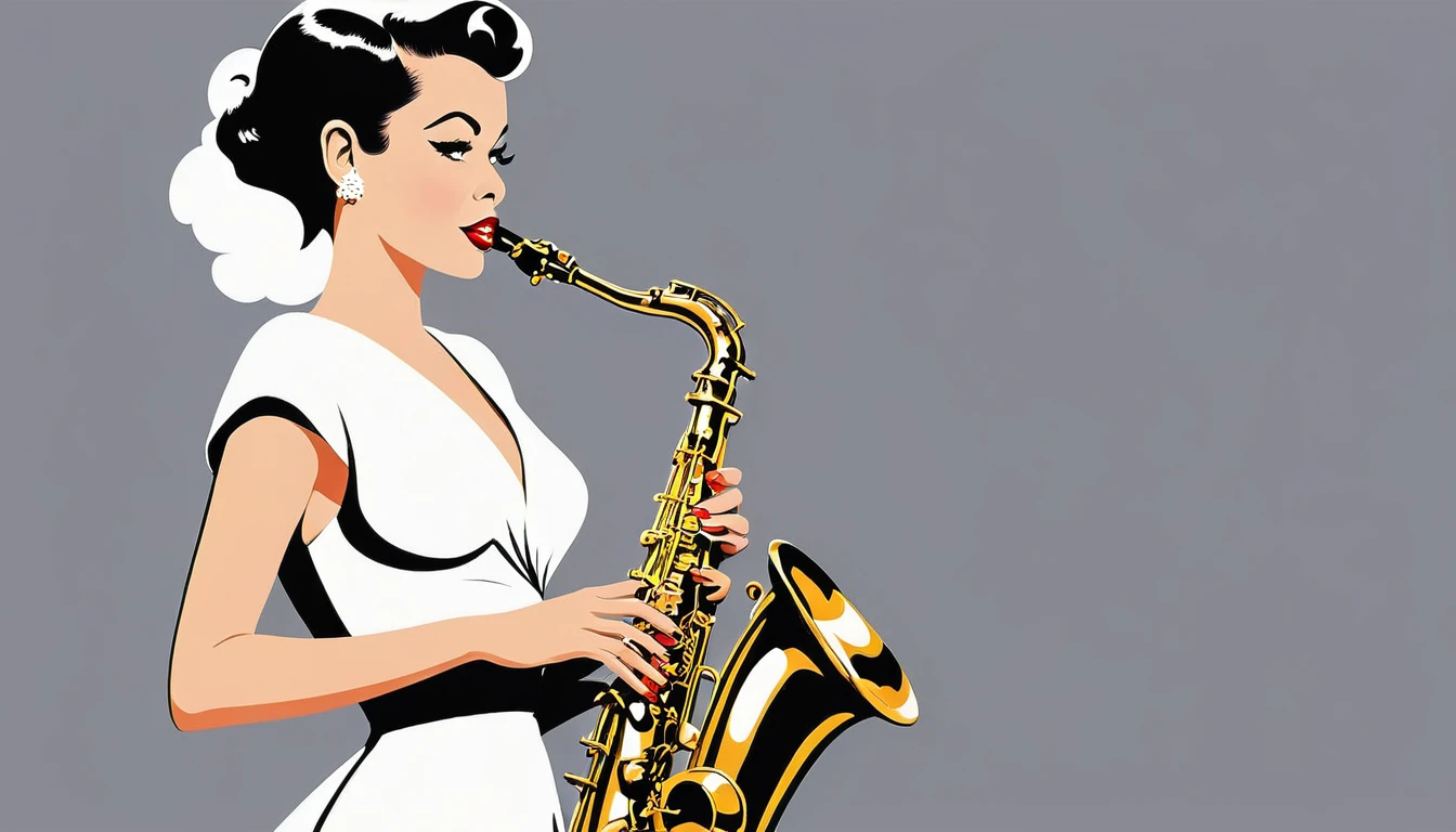 arafed woman in white dress playing a Saxophone on grey background, inspired Tex Avery, Retro illustration, Saxophone, In the style of digital illustration, Flat Vector Art, jazz, 1950s illustration style, stylized digital illustration, Manga style illustration, Tex Avery, Pinup Poster Girl, Vector style drawing, Vector Art Style, Elegant woman
